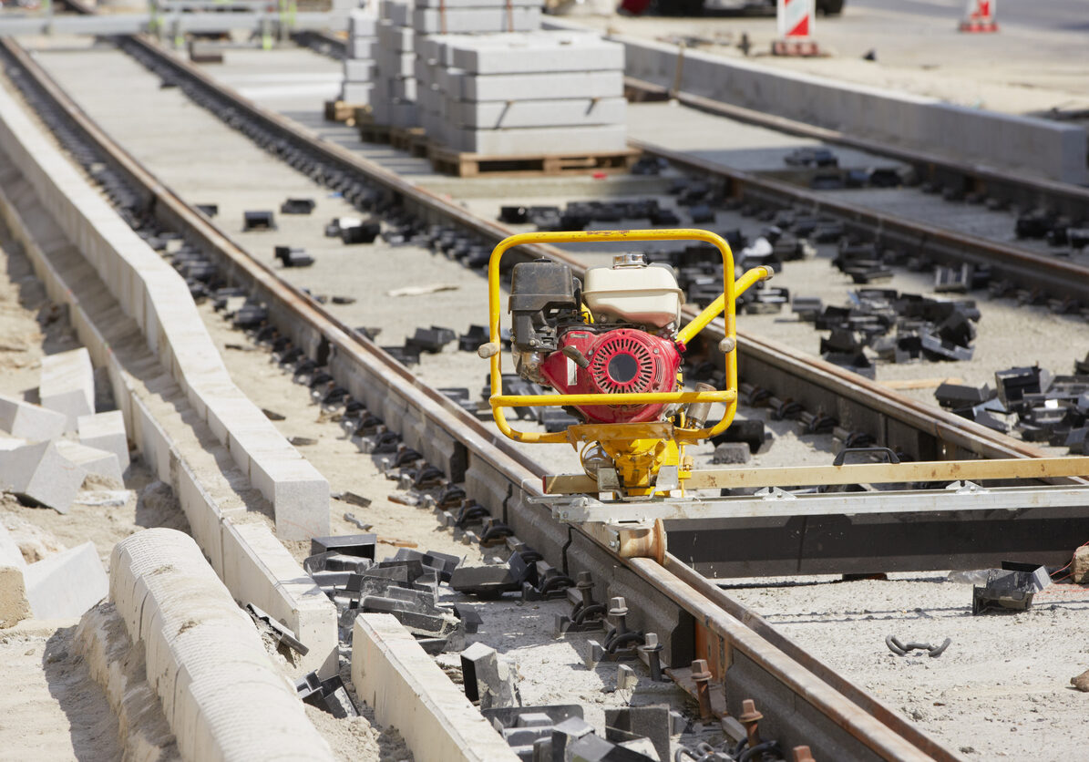 Repairing road and tram track - selective focus